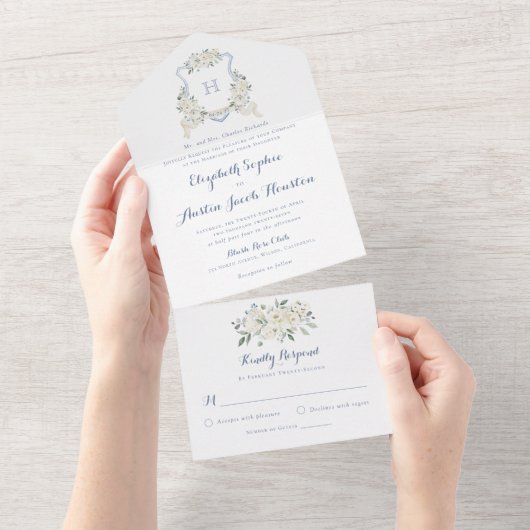 Floral Elegant Dusty Blue Crest Greenery Wedding オールインワン招待状 (貼ってはがせる)