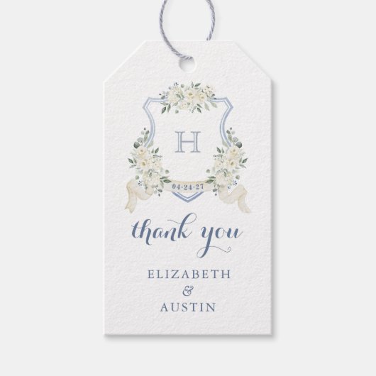 Floral Elegant Dusty Blue Crest Wedding Thank You ギフトタグ (正面)