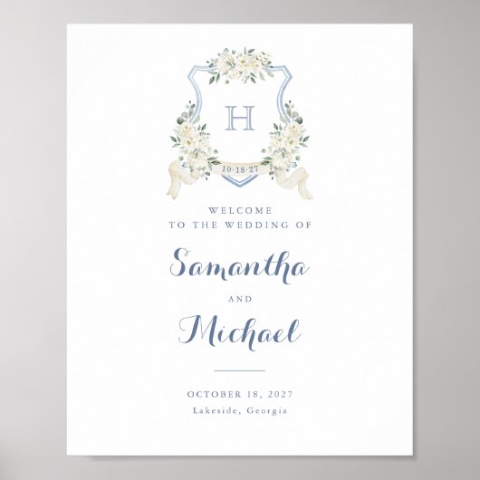 Floral Elegant Dusty Blue Crest Welcome Sign ポスター (正面)