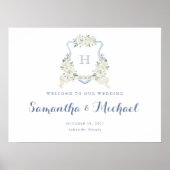 Floral Elegant Dusty Blue Crest Welcome Sign ポスター (正面)