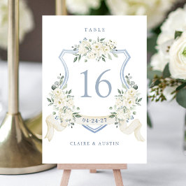 Floral Elegant Dusty Blue White Crest Table Number テーブルナンバー