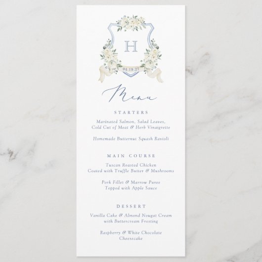 Floral Elegant Dusty Blue White Wedding Crest Menu メニュー (正面)