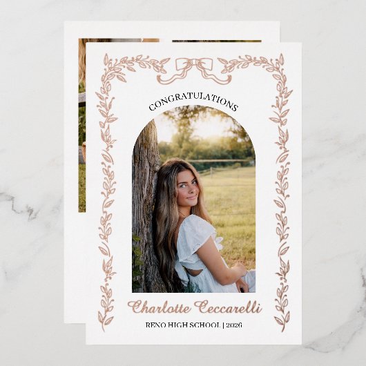 Floral Elegant Foil Frame Photo Graduation  箔招待状 (正面/裏面)