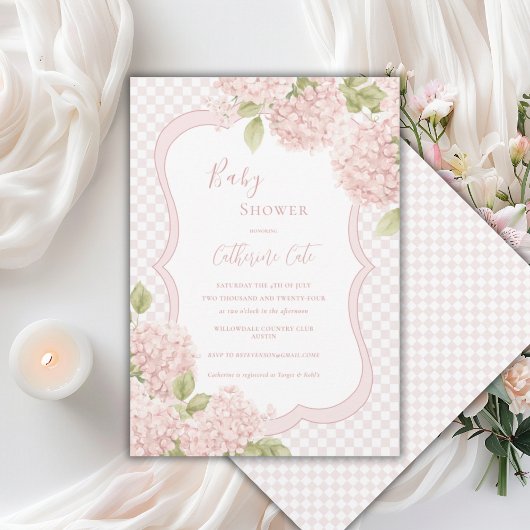 Floral Elegant Pink Hydrangea Plaid Baby Shower 招待状