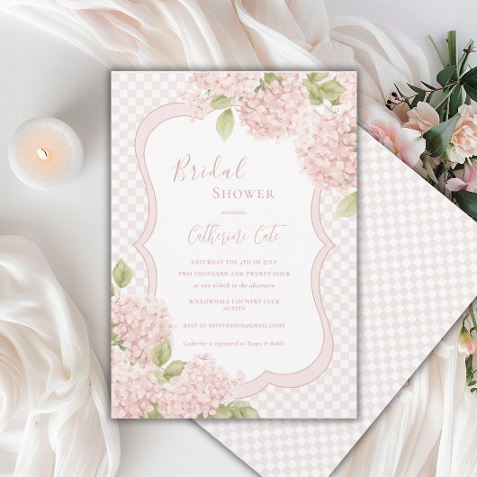 Floral Elegant Pink Hydrangea Plaid Bridal Shower 招待状