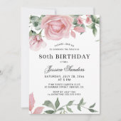 Floral elegant pink roses 80th birthday party 招待状 (正面)