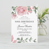 Floral elegant pink roses 80th birthday party 招待状 (スタンド正面)