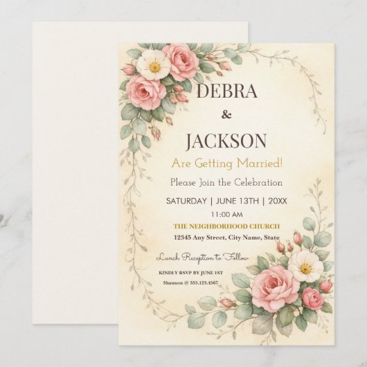 Floral Elegant Simple Botanical Wedding 招待状 (正面/裏面)