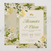 Floral Elegant Wedding Invitation | White & Gold 招待状 (正面/裏面)