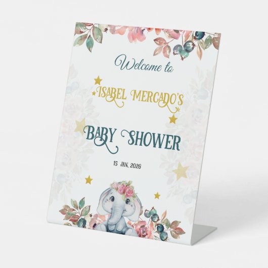 Floral Elephant  Baby Shower Welcome Sign. 台座サイン (正面)