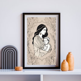 Floral Embrace Mother and Baby Line Art Print ポスター