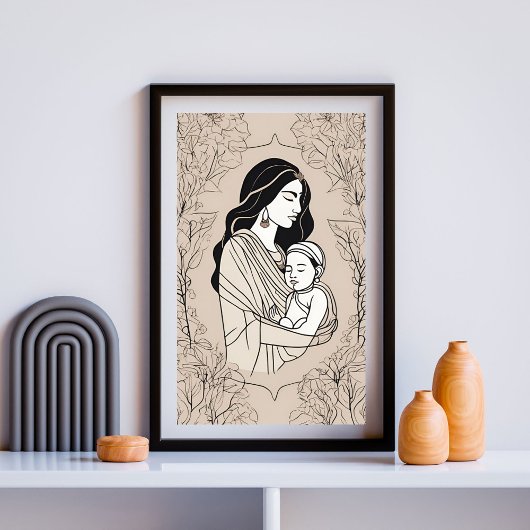 Floral Embrace Mother and Baby Line Art Print ポスター