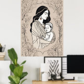 Floral Embrace Mother and Baby Line Art Print ポスター (ホームオフィス)