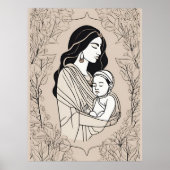 Floral Embrace Mother and Baby Line Art Print ポスター (正面)