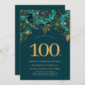 Floral Emerald Green and Gold 100th Birthday 招待状 (正面/裏面)