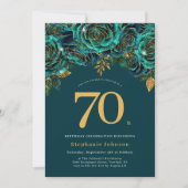 Floral Emerald Green and Gold 70th Birthday 招待状 (正面)