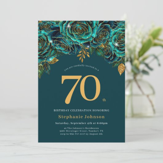 Floral Emerald Green and Gold 70th Birthday 招待状 (スタンド正面)