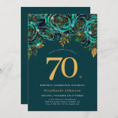 Floral Emerald Green and Gold 70th Birthday 招待状 (正面/裏面)