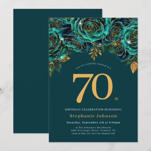 Floral Emerald Green and Gold 70th Birthday 招待状 (正面/裏面)