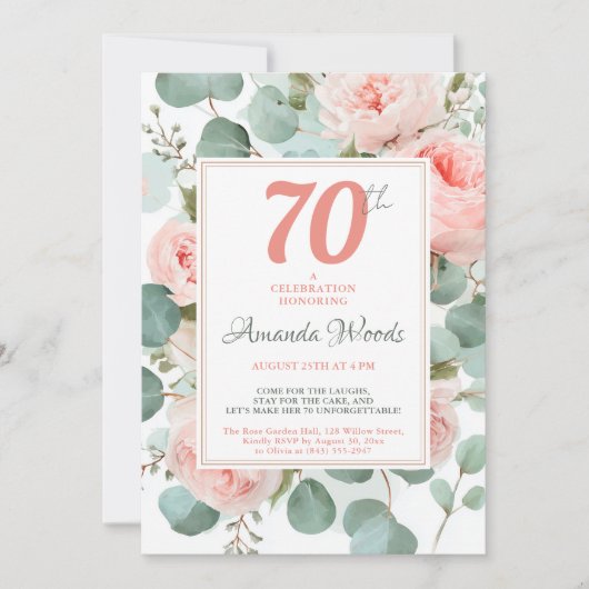Floral eucalyptus and blush peonies 70th birthday 招待状 (正面)