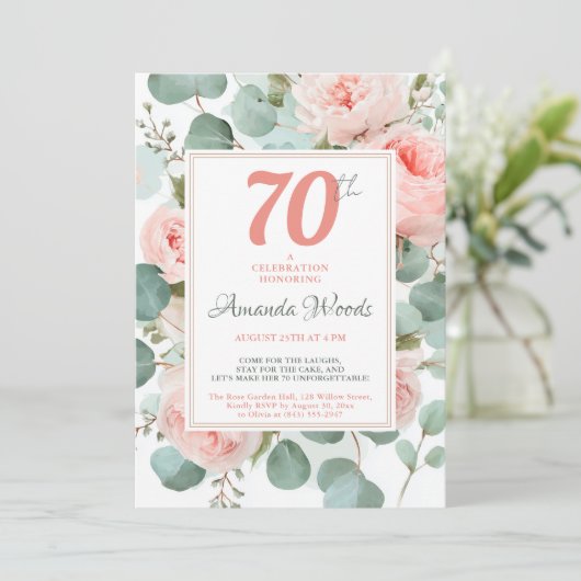 Floral eucalyptus and blush peonies 70th birthday 招待状 (スタンド正面)