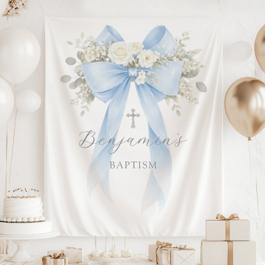Floral Eucalyptus Blue Bow Baby Boy Baptism タペストリー