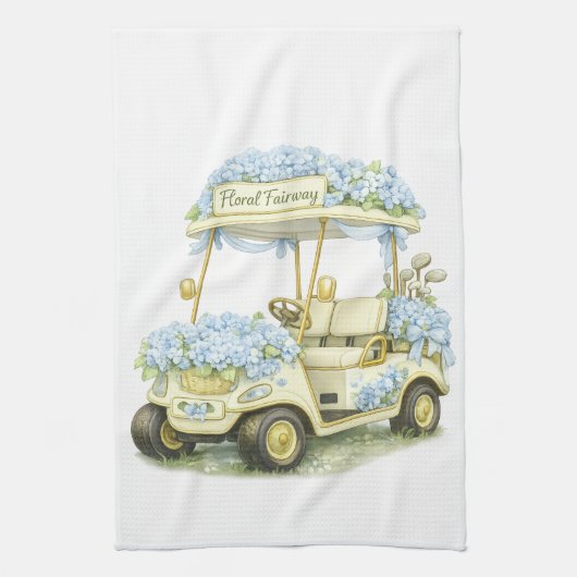 Floral Fairway Hydrangea Golf Cart White Tea Towel キッチンタオル (縦)
