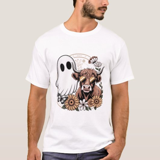 Floral Fall Highland Cow Ghost Tシャツ (正面)