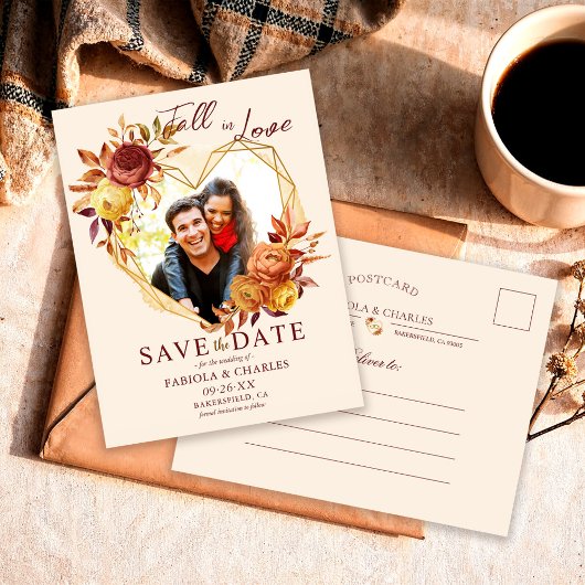 Floral Fall in Love Photo Wedding Save the Date 案内ポストカード