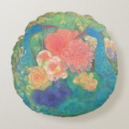 Floral Fantasia: Peacocks in Bloom ラウンドクッション