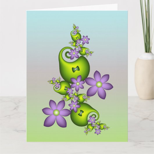 Floral Fantasy Lilac Flowers Green Shapes Fractal サンキューカード (正面)