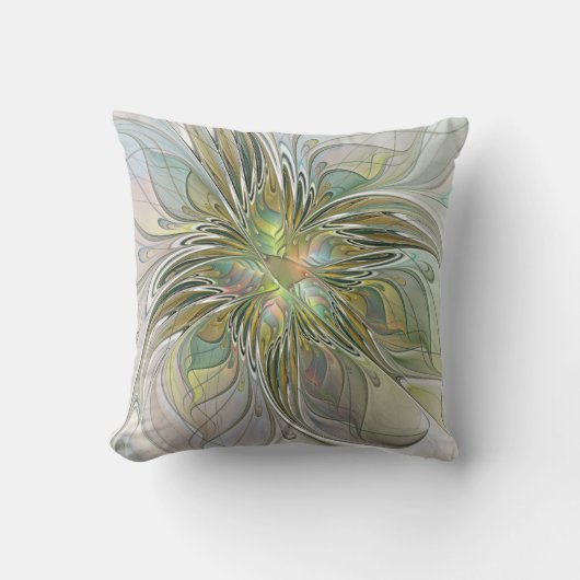 Floral Fantasy Modern Fractal Art Flower With Gold クッション (正面)