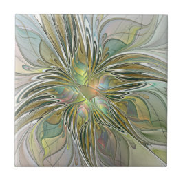 Floral Fantasy Modern Fractal Art Flower With Gold タイル