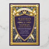 Floral Fantasy Swords Shield Monogram Wedding 箔招待状 (正面)