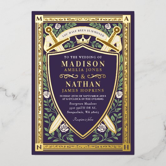 Floral Fantasy Swords Shield Monogram Wedding 箔招待状 (正面)