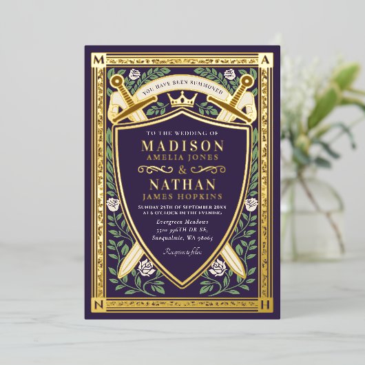 Floral Fantasy Swords Shield Monogram Wedding 箔招待状 (立ち正面)