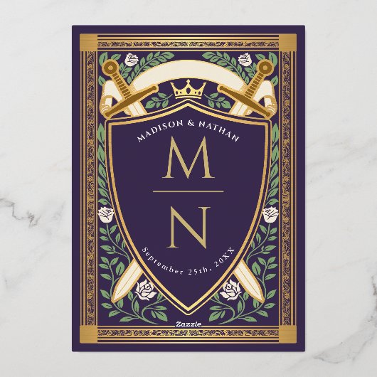 Floral Fantasy Swords Shield Monogram Wedding 箔招待状 (裏面)