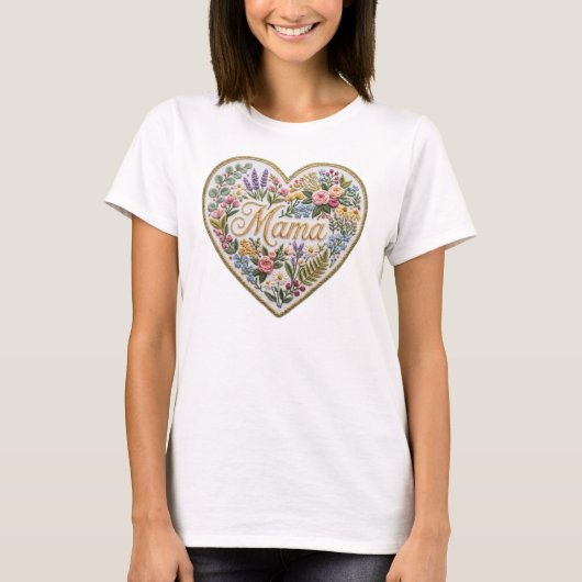 Floral Faux Embroidery Heart Mama Tシャツ (正面)