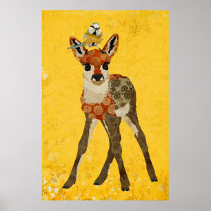 Floral Fawn & Little Bird Art Poster ポスター