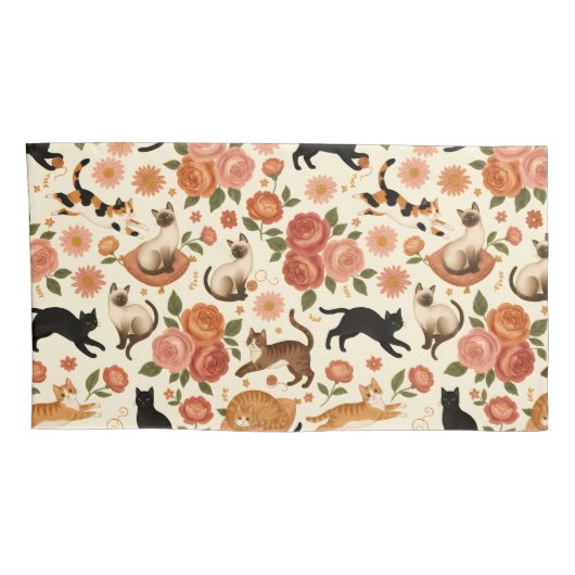 Floral Felines: Cozy Cats & Blooms Pattern 枕カバー (裏面-右)