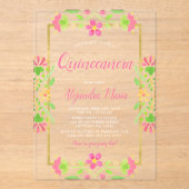 Floral Fiesta Pink Gold Quinceanera アクリル招待状 (正面)