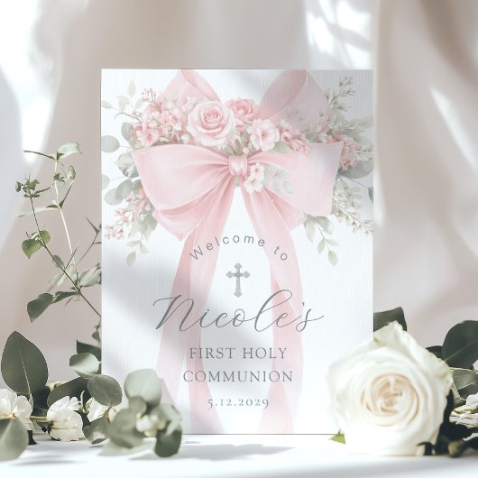  Floral First Holy Communion Pink Bow Welcome ポスター