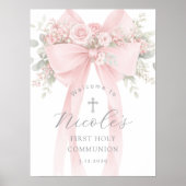  Floral First Holy Communion Pink Bow Welcome ポスター (正面)