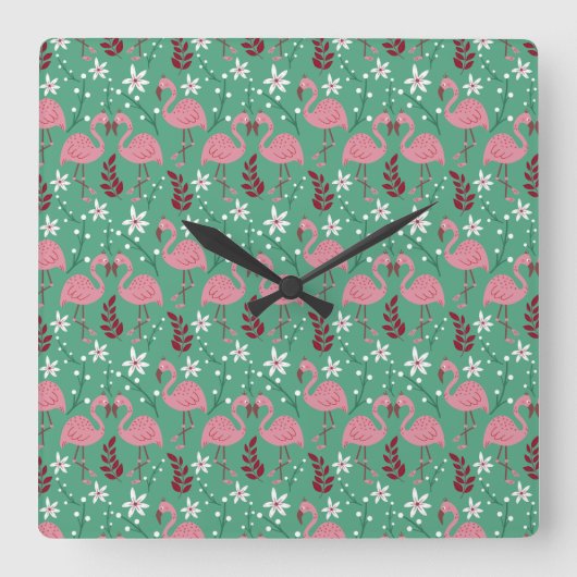 Floral flamingo seamless pattern pink green スクエア壁時計 (正面)