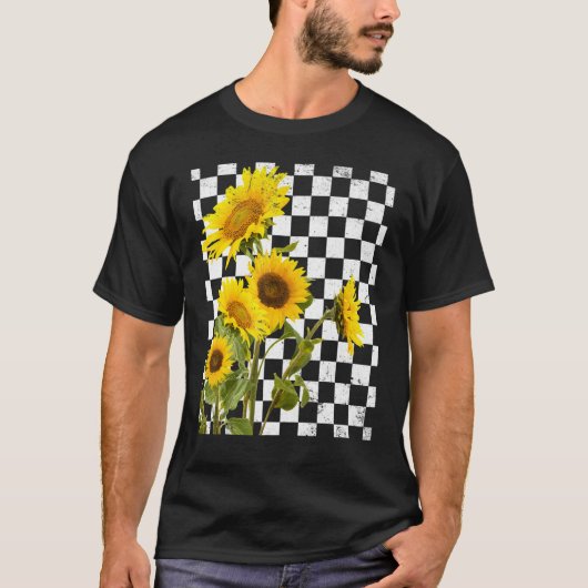 Floral Flower Enthusiast Checkerboard Chess Sunflo Tシャツ (正面)