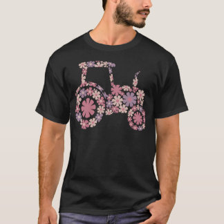 Floral Flower Tractor Silhouette Farming Girl Tシャツ