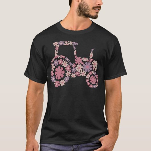 Floral Flower Tractor Silhouette Farming Girl Tシャツ (正面)