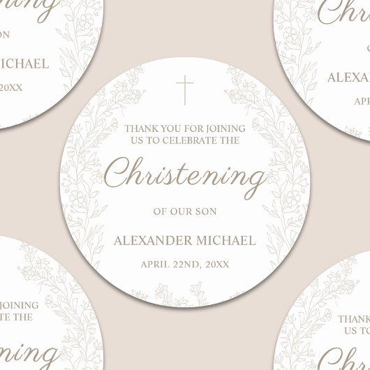 Floral Flowers Christening Cross Baptism Thank You ラウンドシール