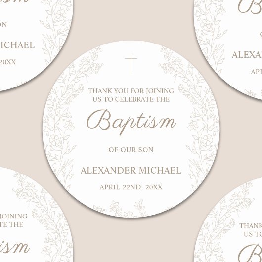 Floral Flowers Christian Cross Baptism Thank You ラウンドシール