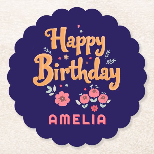 Floral Flowers Happy Birthday Handlettering ペーパーコースター (正面)